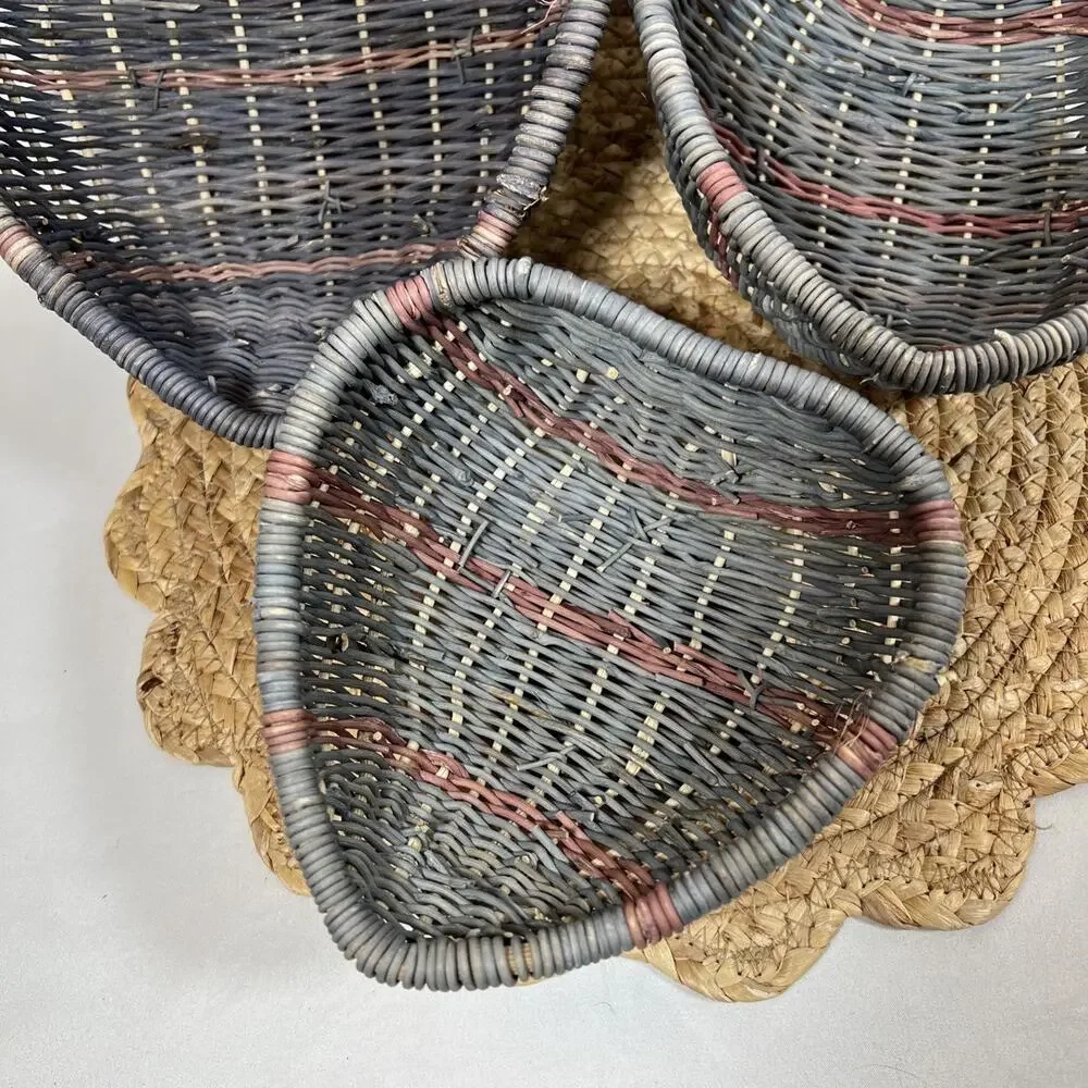 Vintage 80s Heart Wicker Nesting Baskets Set 3 Country Blue Mauve Cottage Decor
